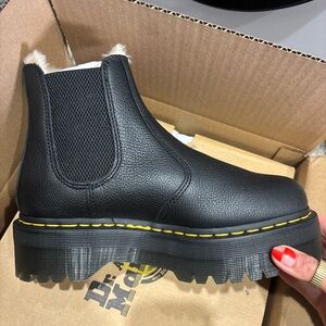 Dr. Martens Black Leather Platform Chelsea Boots with Yellow Stitching